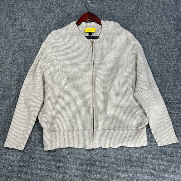 St. John Sweaters - St John Sweater Womens Large Cardigan Beige Wool Full Zip Up Ribbed Hem Cuffs